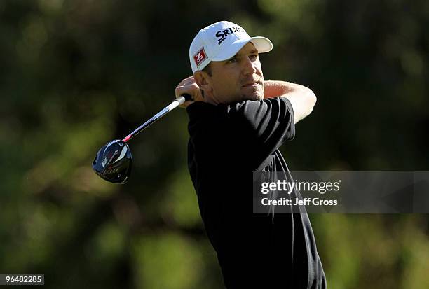 George McNeill hits a tee shot on the second hole during the final round of the Northern Trust Open at Riviera Country Club on February 7, 2010 in...