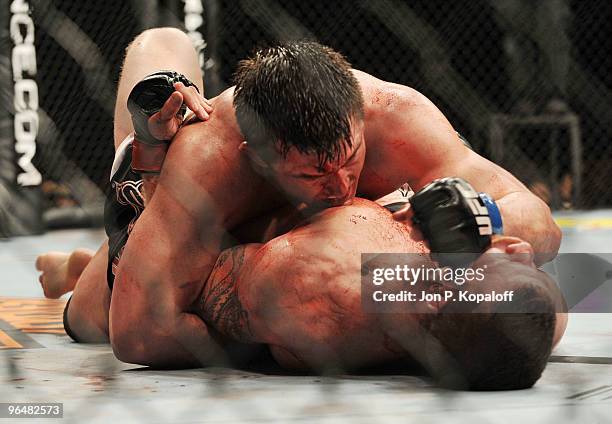 Fighter Chael Sonnen battles UFC fighter Nate Marquardt during their Middleweight fight at UFC 109: Relentless at Mandalay Bay Events Center on...