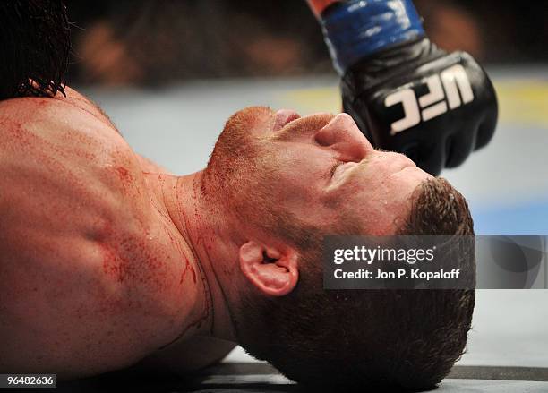 Fighter Nate Marquardt battles UFC fighter Chael Sonnen during their Middleweight fight at UFC 109: Relentless at Mandalay Bay Events Center on...