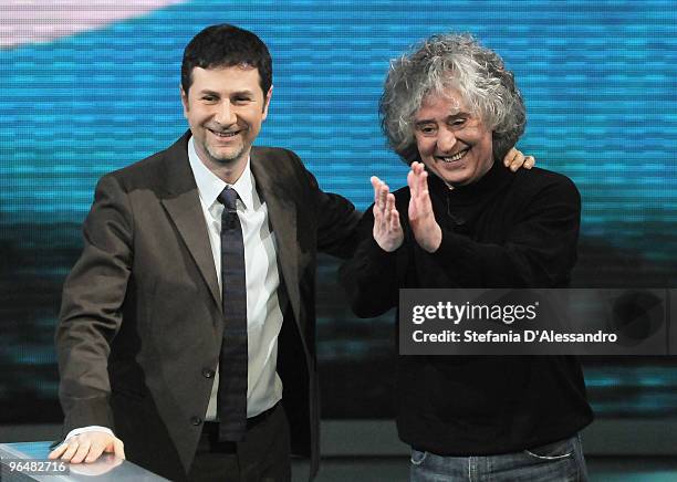 Fabio Fazio and Angelo Branduardi attend 'Che Tempo Che Fa' Italian Tv Show held at Rai Studios on February 7, 2010 in Milan, Italy.