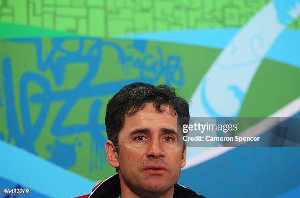 Canadian ski-jumping head coach Tadeusz Bafia speak during a Canadian Olympic Ski Jumping team press conference on February 7, 2010 in Vancouver,...