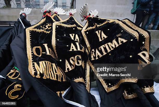 Embroidered banners during the 29th Arbaeen Procession on February 7, 2010 in London, England. Arbaeen occurs 40 days after the day of Ashura, the...