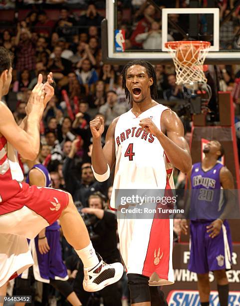 Chris Bosh of the Toronto Raptors reacts after a crucial play late in a game against the Sacramento Kings February 7, 2010 at the Air Canada Centre...