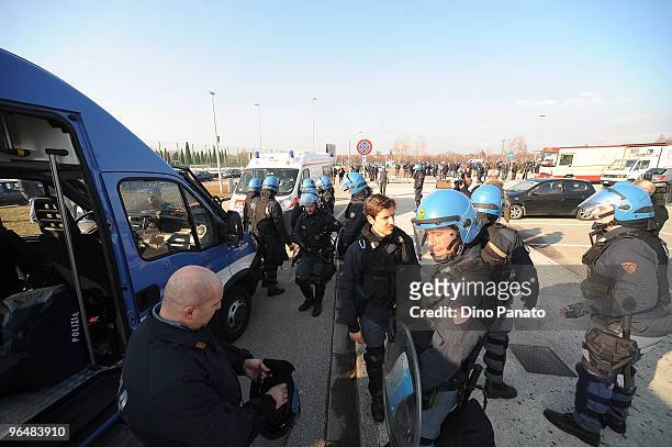 Police are deployed before clashes betwen ultras before the Serie A match between Udinese and Napoli at Stadio Friuli on February 7, 2010 in Udine,...