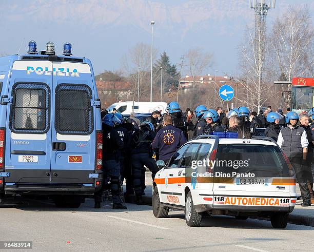 Police deployed before clashes betwen ultras before the Serie A match between Udinese and Napoli at Stadio Friuli on February 7, 2010 in Udine, Italy.