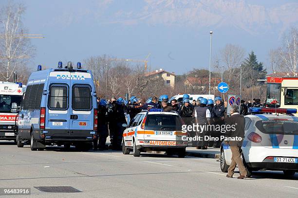 Police are deployed before clashes betwen ultras before the Serie A match between Udinese and Napoli at Stadio Friuli on February 7, 2010 in Udine,...