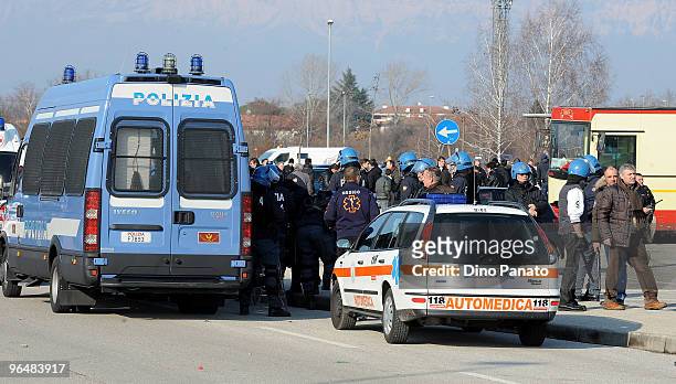 Police are deployed during clashes betwen ultras before the Serie A match between Udinese and Napoli at Stadio Friuli on February 7, 2010 in Udine,...