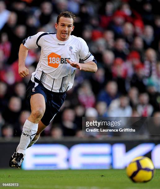 Kevin Davies of Bolton Wanderers in action during the Barclays Premier League match between Liverpool and Bolton Wanderers at Anfield on January 30,...