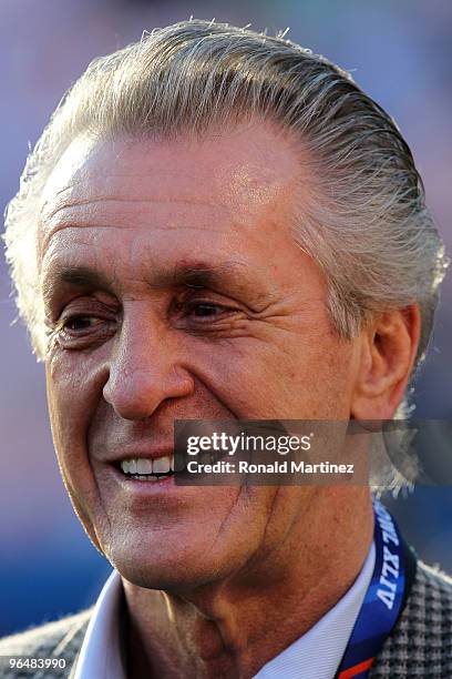 Miami Heat Team President Pat Riley watches on the sideline prior to the start of Super Bowl XLIV between the Indianapolis Colts and the New Orleans...