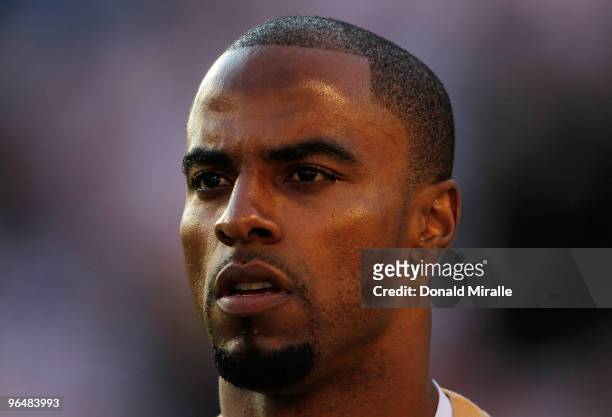 Safety Darren Sharper of the New Orleans Saints warms up on the field prior to Super Bowl XLIV against the Indianapolis Colts on February 7, 2010 at...