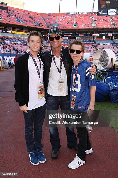 Actor Rob Lowe and sons Matthew Edward Lowe and John Owen Lowe attend Super Bowl XLIV at the Sun Life Stadium on February 7, 2010 in Miami Gardens,...