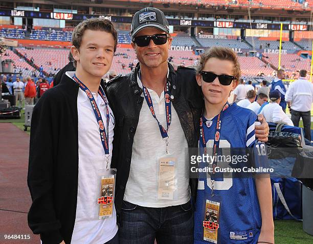 Actor Rob Lowe with sons John Owen Lowe and Edward Matthew Lowe are seen at Super Bowl XLIV at Sun Life Stadium on February 7, 2010 in Miami Gardens,...