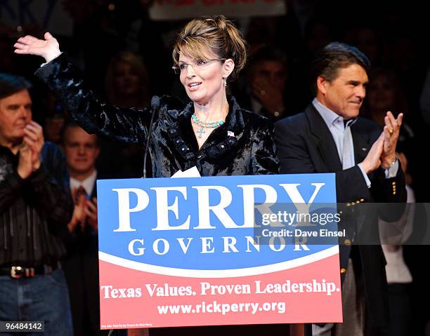 Former Alaska Gov. Sarah Palin waves to the crowd after speaking during a campaign rally for Texas Gov. Rick Perry February 7, 2010 in Cypress,...
