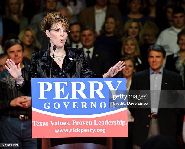 Former Alaska Gov. Sarah Palin speaks during a campaign rally for Texas Gov. Rick Perry February 7, 2010 in Cypress, Texas. Perry is running against...