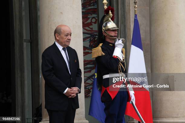 French Foreign Affairs Minister Jean-Yves Le Drian welcomes Chairman of the Presidential Council of Libya, Fayez al-Sarraj upon his arrival for the...