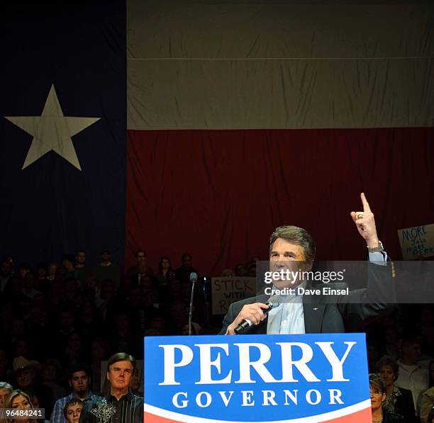 Texas Gov. Rick Perry comments during a campaign rally for February 7, 2010 in Cypress, Texas. Perry is running against Kay Bailey Hutchinson and...