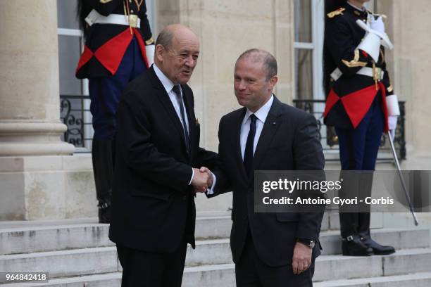 French Foreign Affairs Minister Jean-Yves Le Drian welcomes Malta Prime Minister Joseph Muscat , upon his arrival for the international congress on...