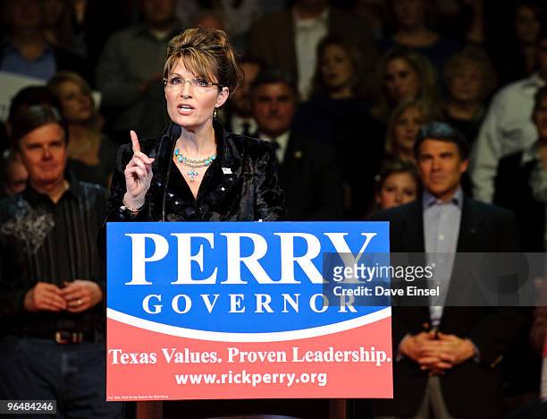 Former Alaska Gov. Sarah Palin speaks during a campaign rally for Texas Gov. Rick Perry February 7, 2010 in Cypress, Texas. Perry is running against...