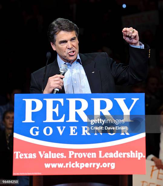 Texas Gov. Rick Perry comments during a campaign rally for February 7, 2010 in Cypress, Texas. Perry is running against Kay Bailey Hutchinson and...