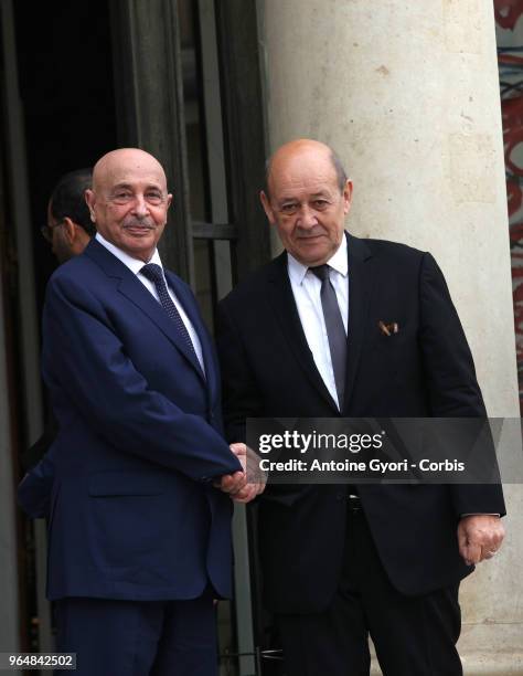 French Foreign Affairs Minister Jean-Yves Le Drian welcomes President of the Libyan House of Representatives in Tobruk Aguila Saleh Issa , upon his...