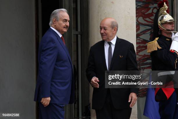 French Foreign Affairs Minister Jean-Yves Le Drian welcomes Libya Chief of Staff, Marshall Khalifa Haftar , upon his arrival for the international...