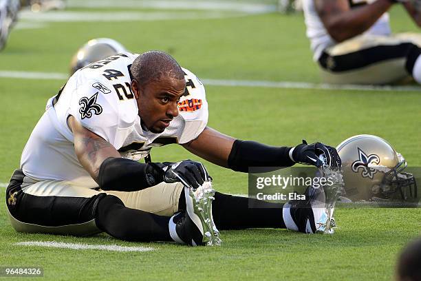 Saftey Darren Sharper of the New Orleans Saints warms up on the field prior to Super Bowl XLIV against the Indianapolis Colts on February 7, 2010 at...