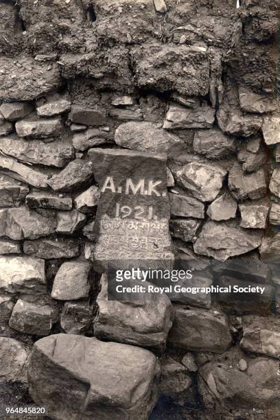 Headstone for the grave of Dr Kellas at Kampa Dzong, China , May 1921. Mount Everest Expedition 1921.