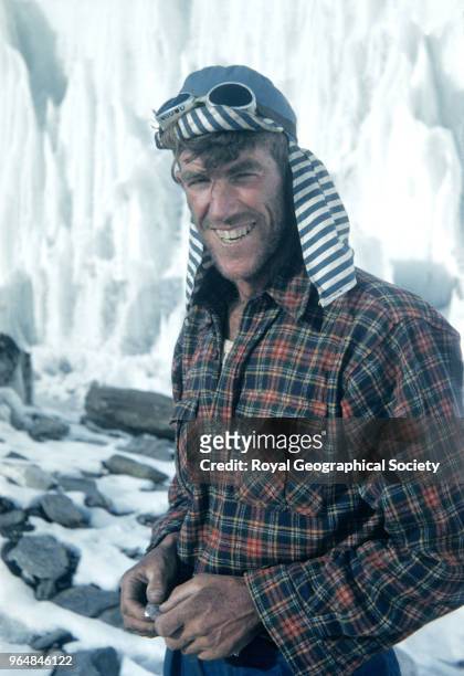 Portrait of Edmund Hillary, Portrait of Edmund Hillary, a bee keeper from New Zealand wearing his inimitable blue striped hat at Camp IV on Mount...