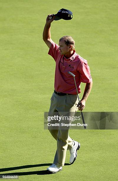 Steve Stricker celebrates after making the final putt during the final round of the Northern Trust Open at Riviera Country Club on February 7, 2010...