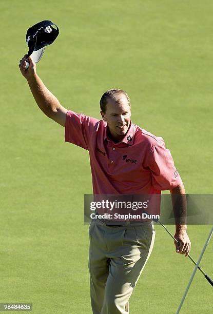 Steve Stricker celebrates after making the final putt during the final round of the Northern Trust Open at Riviera Country Club on February 7, 2010...