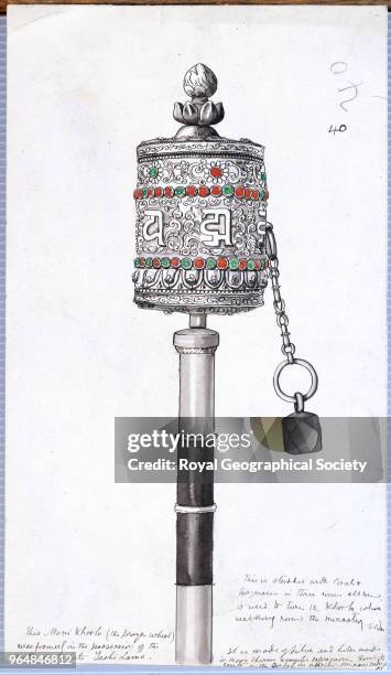 Mani Khorlo , Sarat Chandra Das in 1879 drew this sketch of a prayer wheel formerly in possession of the mother of the late Tashi Lama, which was...