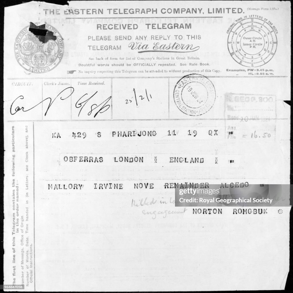 Telegram of Mallory and Irvine's death