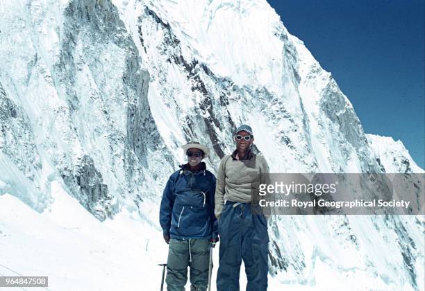 Hillary and Tenzing after successfully climbing Mount Everest, Nepal, May 1953. Mount Everest Expedition 1953.