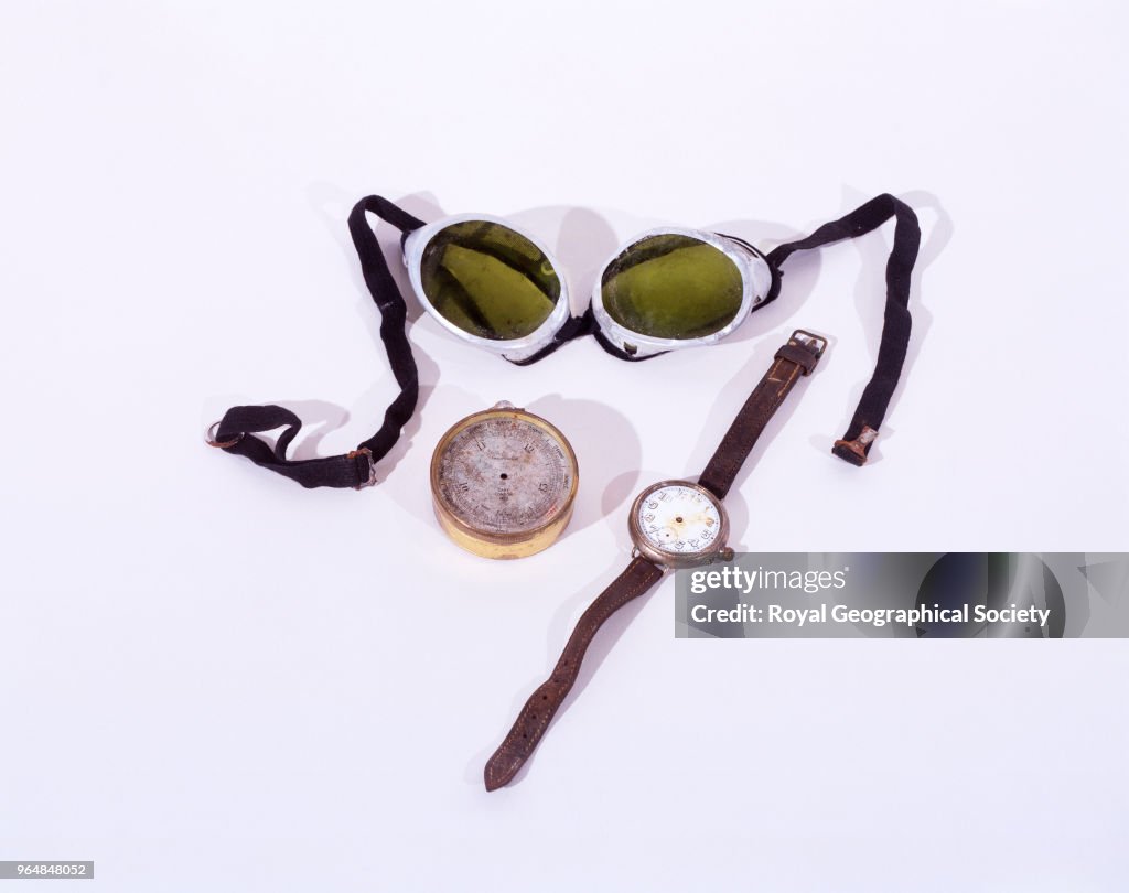 Mallory's goggles, altimeter and wristwatch with leather strap