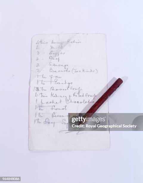 Mallory's pencil and list of supplies , George Mallory and Andrew Irvine disappeared en route to the summit of Mount Everest on 8th June 1924....