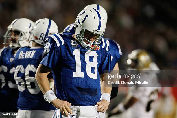 Peyton Manning of the Indianapolis Colts reacts after a play against the New Orleans Saints during Super Bowl XLIV on February 7, 2010 at Sun Life...