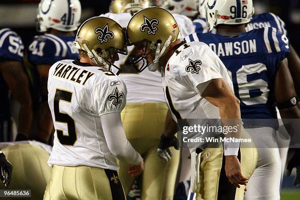 Garrett Hartley and Mark Brunell of the New Orleans Saints celebrate after a field goal in the second quarter against the Indianapolis Colts during...