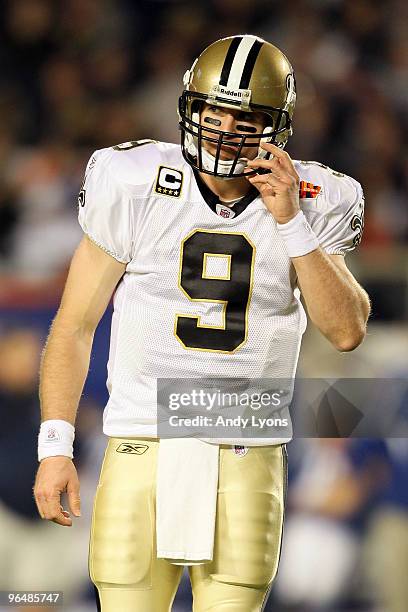 Drew Brees of the New Orleans Saints reacts after being stopped on fourth and goal by the Indianapolis Colts during Super Bowl XLIV on February 7,...