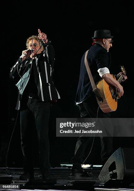 Musicians Roger Daltrey and Pete Townshend of The Who perform at halftime of Super Bowl XLIV between the Indianapolis Colts and the New Orleans...