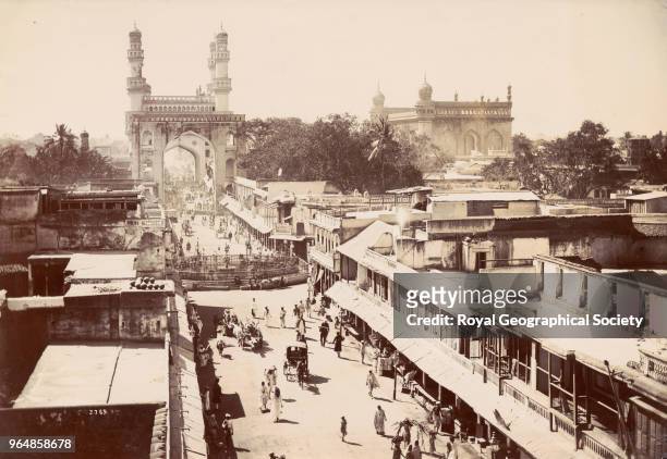Street view of Hyderabad in Andhra Pradesh, The large arch in the centre of this image is the 'Charminar'. Standing in the heart of Hyderabad it was...