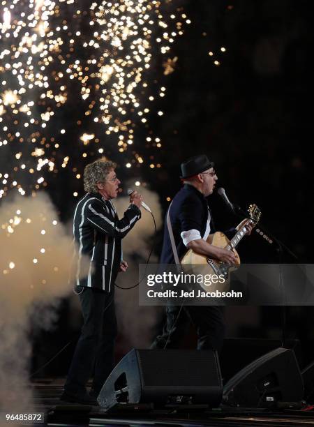 Musicians Roger Daltrey and Pete Townshend of The Who perform at halftime of Super Bowl XLIV between the Indianapolis Colts and the New Orleans...