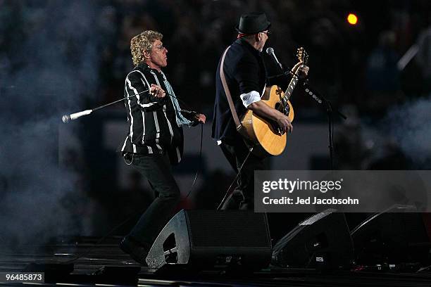 Musicians Roger Daltrey and Pete Townshend of The Who perform at halftime of Super Bowl XLIV between the Indianapolis Colts and the New Orleans...