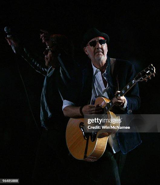 Musicians Roger Daltrey and Pete Townshend of The Who perform at halftime of Super Bowl XLIV between the Indianapolis Colts and the New Orleans...