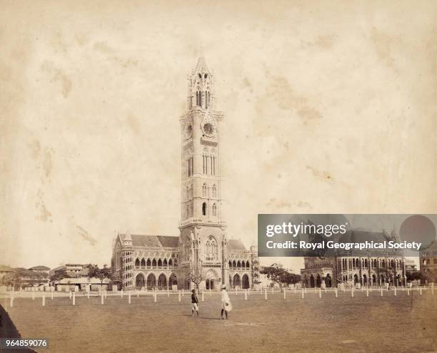 Clock Tower from the Oval in Bombay - Maharashtra, This photograph shows :- Rampart Row, Clock Tower, University Hall and the Government Secretariat...