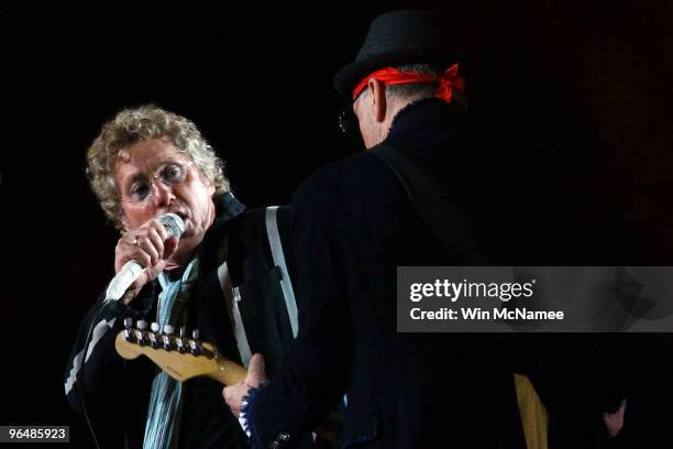 Musicians Roger Daltrey and Pete Townshend of The Who perform at halftime of Super Bowl XLIV between the Indianapolis Colts and the New Orleans...