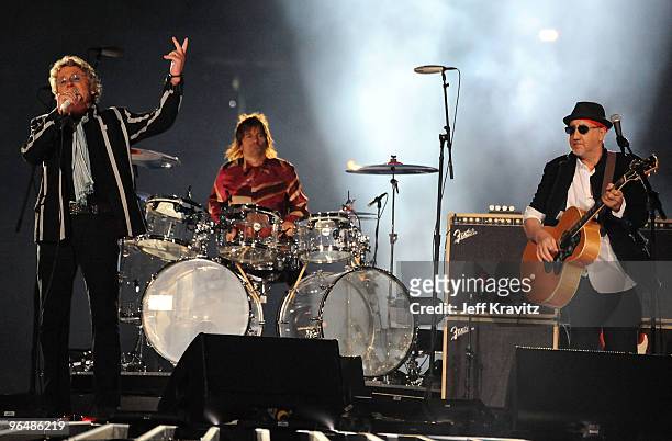 Roger Daltrey, Zak Starkey and Pete Townshend of The Who perform during the Super Bowl XLIV Halftime Show at Sun Life Stadium on February 7, 2010 in...