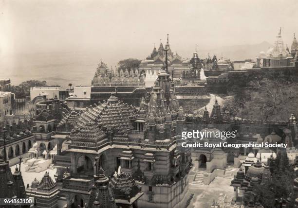 Jain temples with the Satrunjaya mountains in the distance at Palitana, India, 1930.