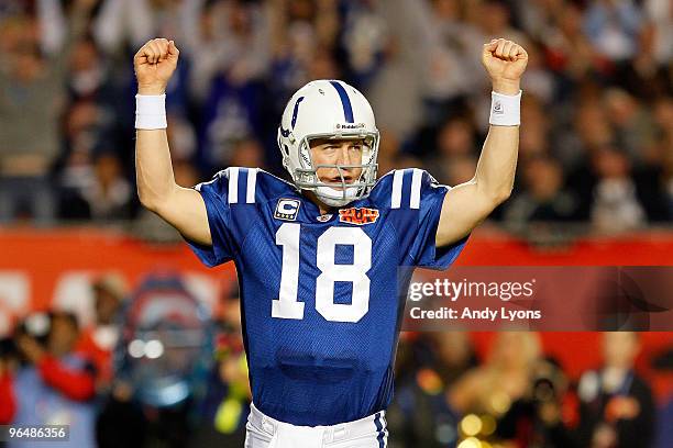 Peyton Manning of the Indianapolis Colts celebrates after a touchdown in the third quarter against the New Orleans Saints during Super Bowl XLIV on...