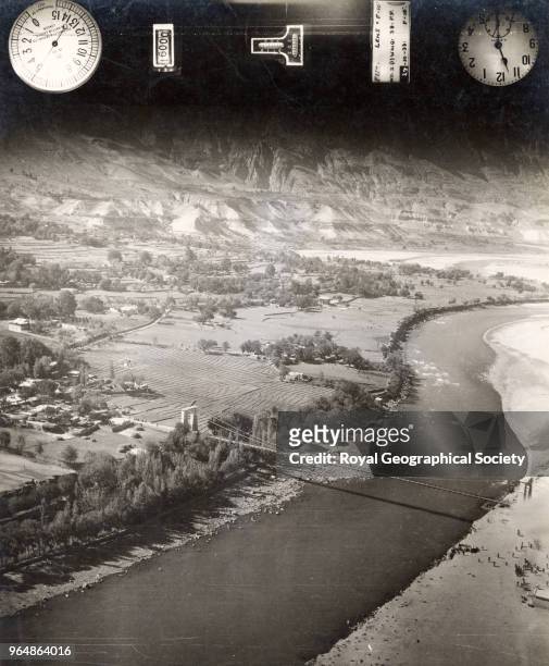 An aerial view of Gilgit bridge in Kashmir, Jammu & Kashmir, 1933.