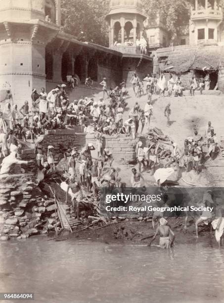 Burning Ghat - burning bodies at Benares in Uttar Pradesh , Founded by the Hindu God Shiva, 'Benares' is one of oldest living cities in world and is...